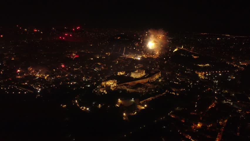 4k Aerial Fireworks over Acropolis Athens New Year Cinematic Panoramic Night
