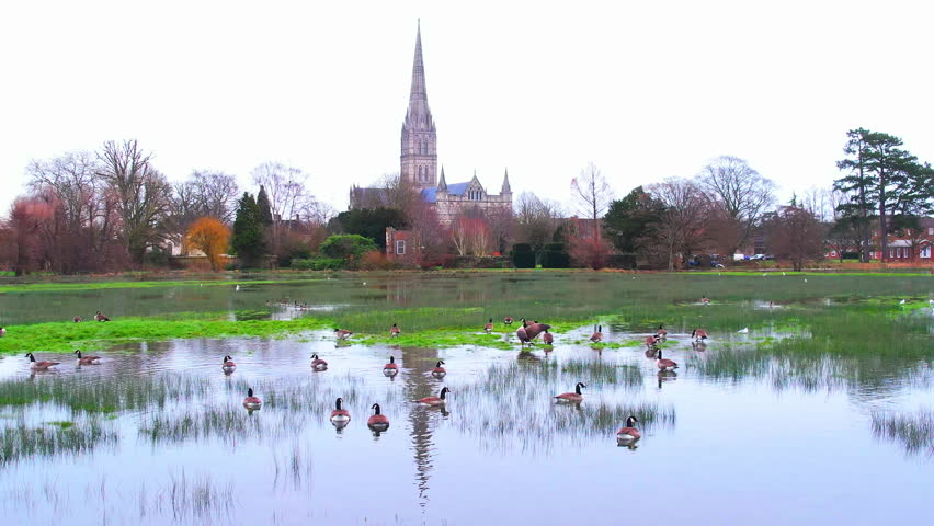 Aerial drone shot flying low over flooded fields and wildfowl with Salisbury Cathedral in background Royalty-Free Stock Footage #3409706673