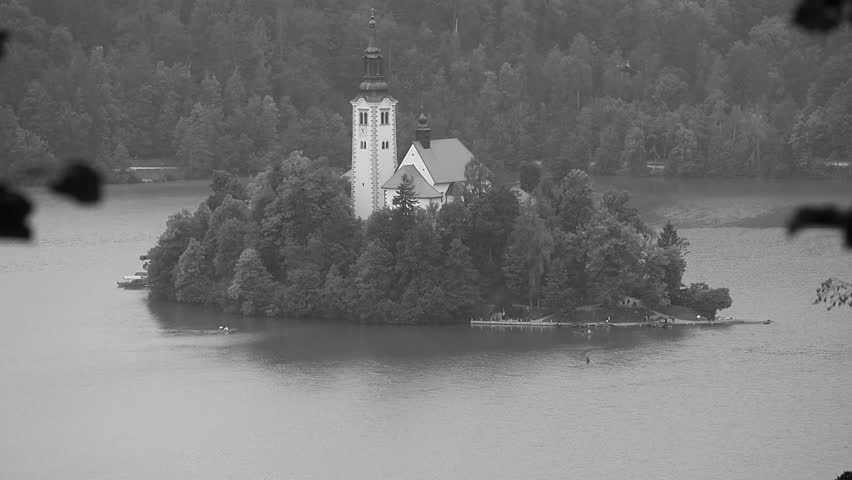 The church of the Mother of God on the Lake in black and white