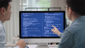 Smart AI cyber bot deep tech tools help write prompt code screen. Asia people asian man IT team typing busy talking work on predict big data center office reskill upskill STEM expert skill job course. - Powered by Shutterstock - Get 15% off with code: PIKWIZARD15