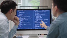 Smart AI cyber bot deep tech tools help write prompt code screen. Asia people asian man IT team typing busy talking work on predict big data center office reskill upskill STEM expert skill job course. - Powered by Shutterstock - Get 15% off with code: PIKWIZARD15