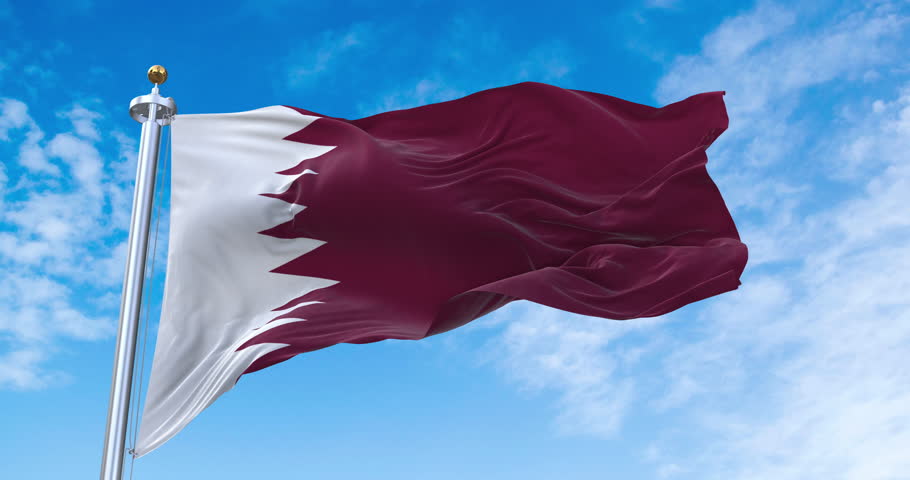 Flag of Qatar realistic waving in the wind with sky background (Perfect Loop)