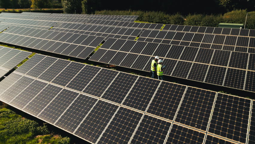 Drone shot of engineers inspecting solar panels in field generating renewable energy - shot in slow motion