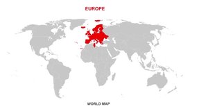 Europe Map, Europe contry in word map video, travel, politics, containment, geographic, and cultural connection. motion video, mp4, word map video, country map, 