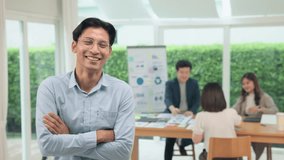 Save the earth planet climate change social ESG office net zero waste go green unity asian man team. Group SDGs asia Gen Z people happy health workforce smiling relax joy arm cross looking at camera - Powered by Shutterstock - Get 15% off with code: PIKWIZARD15