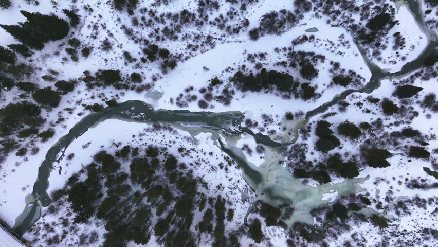 Birds Eye view river nature Cinematic Colorado aerial drone cloudy snowy winter December Christmas Keystone Ski Resort Epic Local Pass Rocky Mountain Breckenridge forward