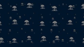 Mushrooms symbols float horizontally from left to right. Parallax fly effect. Floating symbols are located randomly. Seamless looped 4k animation on dark blue background