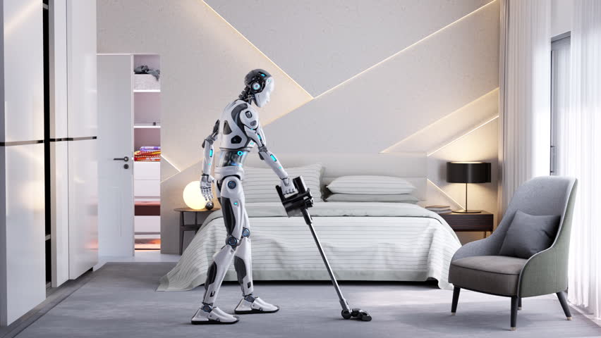 Robot assistant doing vacuuming a room. Home helper. Smart assistant. 3D animation Royalty-Free Stock Footage #3410109059