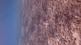 Vertical video, Camera moving forwards above sand seabed covered with many small plastic garbage mixed with dead algae and other debris polluting the Mediterranean Sea