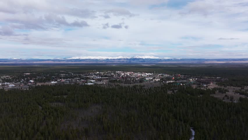 Drone shot establishing shot of West Yellowstone in the Fall