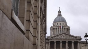 Pantheon landmark building church museum in Paris. 4K video with the exterior facade of Pantheon during a cloudy day in Paris, France.