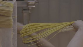 Italian pasta being made on the machine for cutting dough. Fresh handmade pasta. Machine Rolling Dough Into Thin Noodles. ProRes 422, 10 bit, ungraded C-LOG, vertical slow motion video