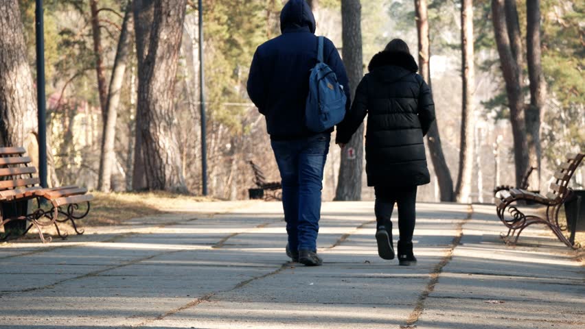 Young couple a guy and a girl are walking along the alley of the park