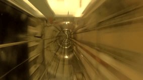 Hyperlapse, POV view of train riding in the subway tunnel, Vertical video. Time lapse of automatic train moving to tunne