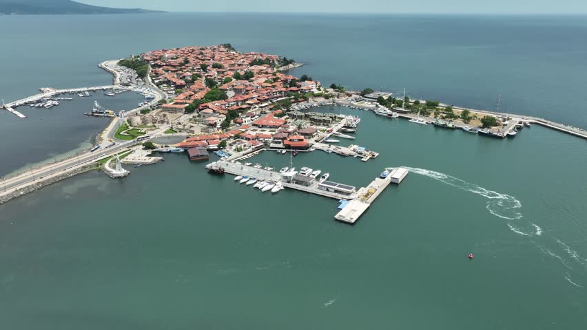 Aerial view of Nessebar, ancient city on the Black Sea coast of Bulgaria.
