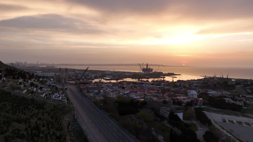 Oil industrial city of Baku at dawn