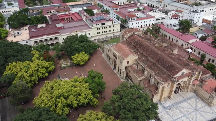 Aerial view of Columbus park and the cathedral Nuestra Señora de la Encarnación in the colonial district of Santo Domingo in the Dominican Republic