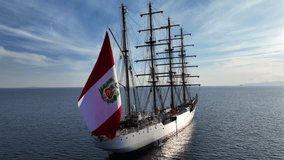 Aerial drone video of beautiful 3 mast barque or barc type classic sailing wooden boat anchored in Mediterranean deep blue sea - Powered by Shutterstock - Get 15% off with code: PIKWIZARD15