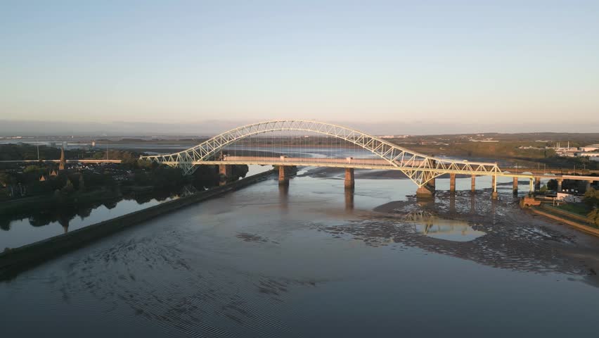 Town of Runcorn, Silver Jubilee Bridge and Mersey Estuary, Cheshire, England, orbit view