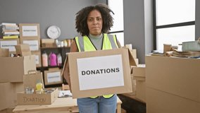African american woman with braids holding donation box in warehouse. - Powered by Shutterstock - Get 15% off with code: PIKWIZARD15
