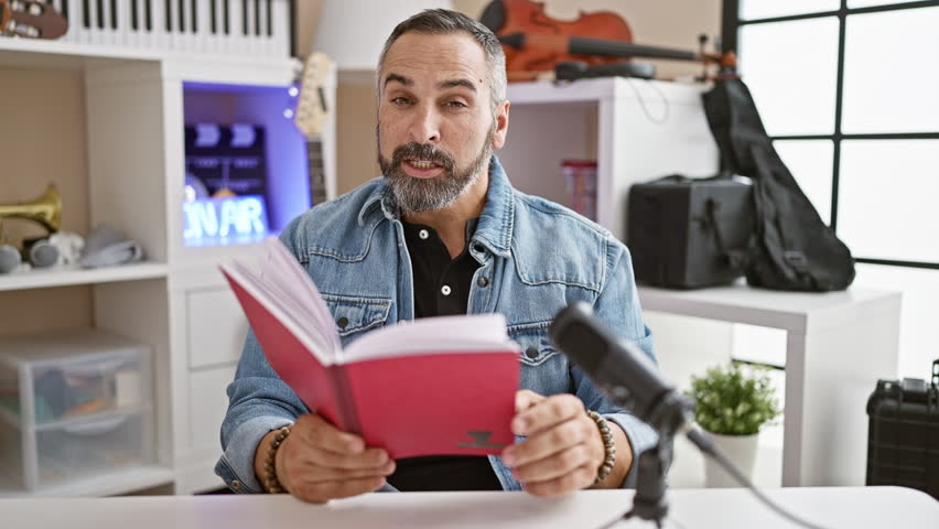 Mature bearded man reading notes in a studio with musical instruments and recording equipment.