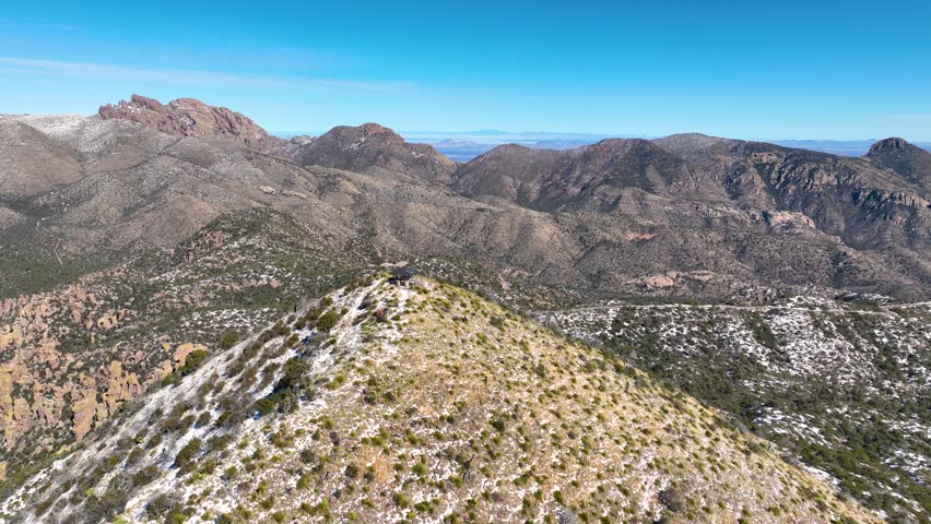 Sugarloaf Mountain aerial view with snow on the top in winter in Chiricahua National Monument in Cochise County in Arizona AZ, USA. 