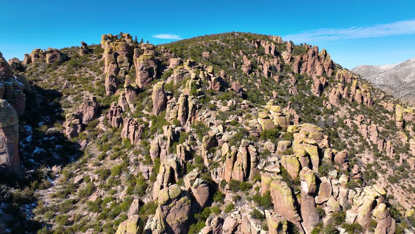 Stone columns aka hoodoos aerial view from Sugarloaf Mountain in Chiricahua National Monument in Cochise County in Arizona AZ, USA. 