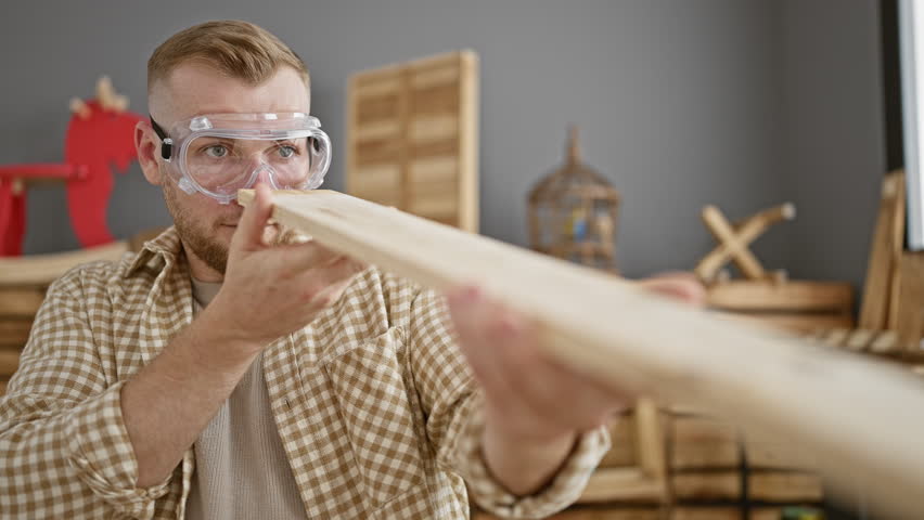 Bearded man inspecting wood in a carpentry workshop wearing safety goggles