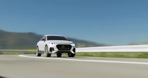3d render of driving suv car or cruising vehicle on highway road for travel and transport concept, looping video.