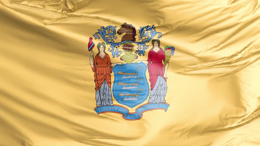 Waving flag of New Jersey State, NJ, USA. 4K seamless loop 3D render animation. Beautiful high detail fabric cloth satin texture with wrinkles. Fullscreen close up, slow motion