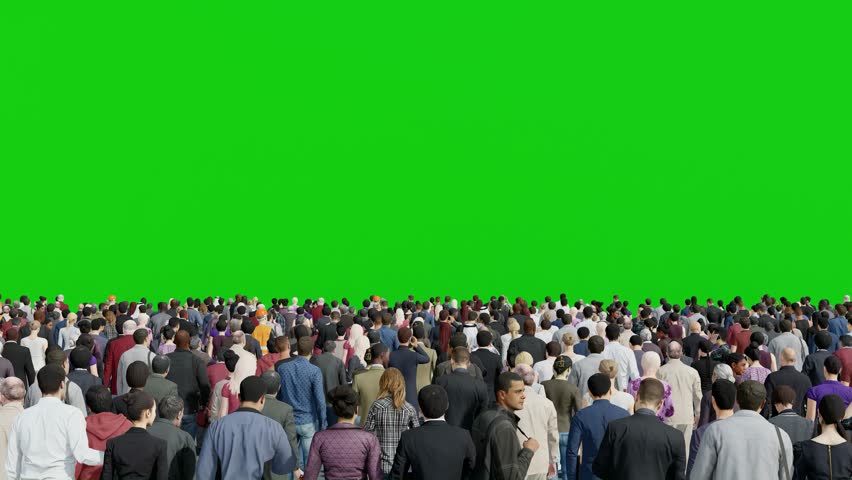 Huge Crowd of the People in Rear View on Green Screen Background Chroma Key Close Up 3D Animation Rendering