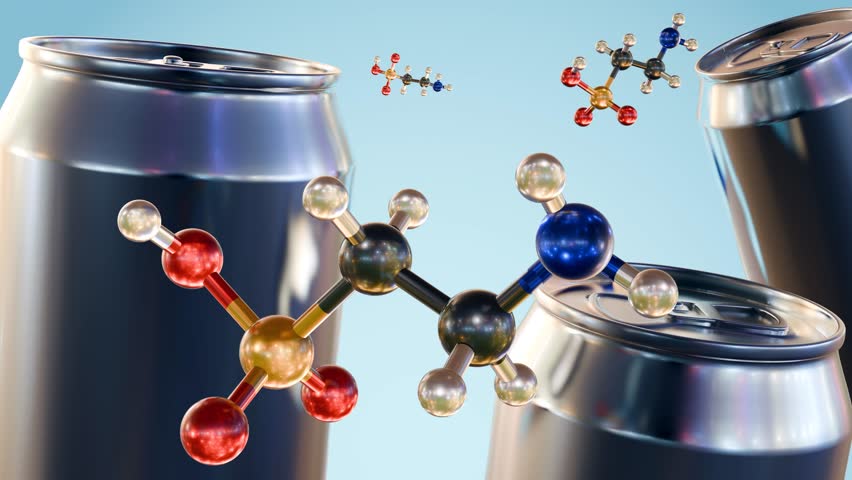 3d animation of Taurine molecules and unbranded energy drink tin cans, Taurine is a common ingredient in energy drinks, may play a role in muscle function, endurance and antioxidant properties Royalty-Free Stock Footage #3410647253