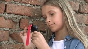 Smart Watch, Kid Using Smartwatch Outdoor in Park, Child Girl Playing at Smartphone
