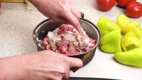 Preparation of minced meat for filling stewed stuffed sweet bell peppers. Step-by-step cooking video recipe. Culinary master class on home cooking.