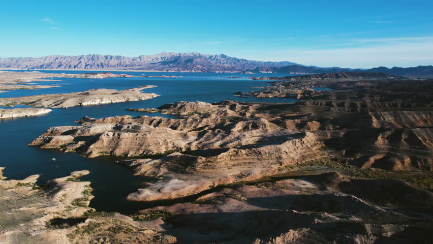 Aerial View of Lake Mead Water Reservoir in Desert Landscape of Nevada USA, Drone Shot