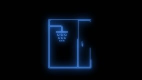 Video footage of glowing Shower cabin icon. Looped Neon Lines abstract on black background. Futuristic laser background. Seamless loop. 4k video