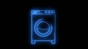 Video footage of glowing Washing machine icon. Looped Neon Lines abstract on black background. Futuristic laser background. Seamless loop. 4k video