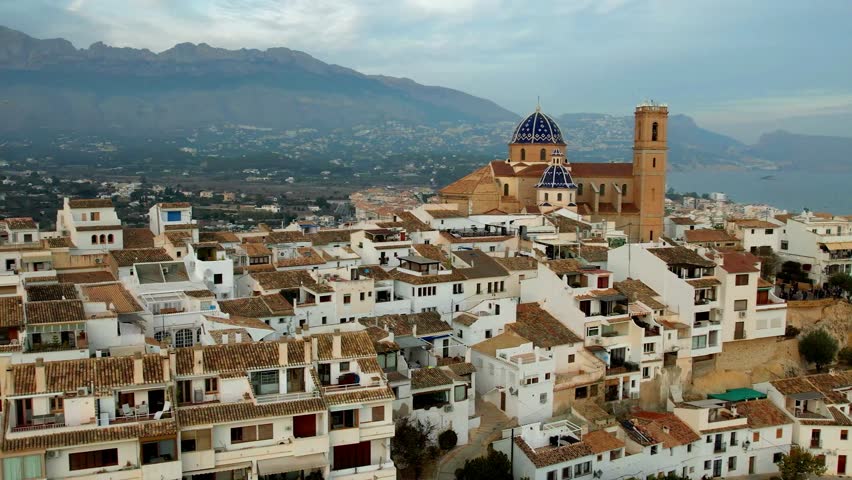 Charmig coastal town Altea in popular coast of Spain Costa Blanca. aerial drone high angle view with scenic cathedral, Valencia province