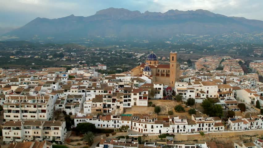 Charmig coastal town Altea in popular coast of Spain Costa Blanca. aerial drone high angle view with scenic cathedral, Valencia province