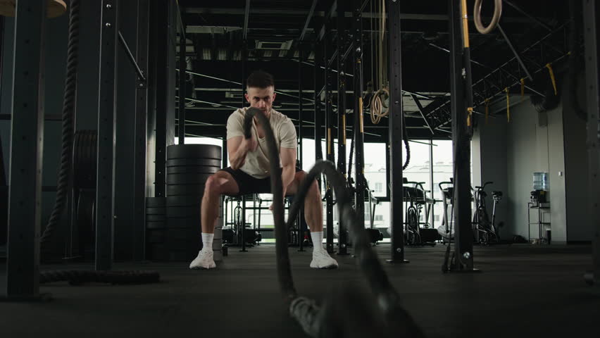 Active guy physical strength endurance exercise challenge powerful strong man squat pose training battle ropes at cardio workout in dark gym professional athlete exercise fitness sport club equipment Royalty-Free Stock Footage #3411005545
