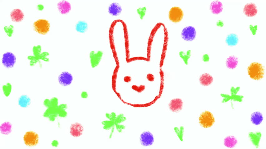 Funny Easter rabbit turning into Easter egg. Hand drawn crayon background with polka dot and Easter symbols. Cartoon. Cartoony. Film grain pixel texture. Animation 2d. Animated Loop. Repeating.