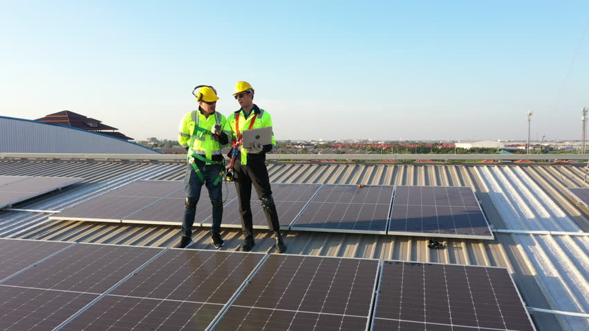 Male professional engineer installing solar photovoltaic panel system, Electrician mounting blue solar module technology on power industrial factory roof, Alternative energy ecological technician job
