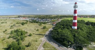 Ameland Lighthouse and Vacation Park, Rising Shot - Ameland, The Netherlands, 4K Drone Footage

