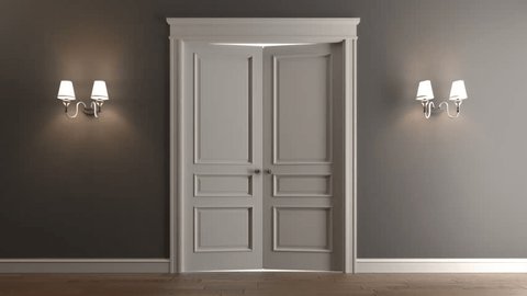 Beige classic door opening to the white space. Luma matte included – Video có sẵn