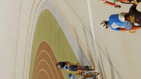 Track Cycling. Velodrome. Cyclists training on open cycling track. Athletes riding on bicycles with fixed gear. Sport concept. Vertical video