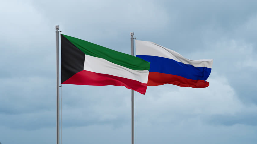 Russian Federation and Kuwait flag waving together on cloudy sky, endless seamless loop Royalty-Free Stock Footage #3411485001