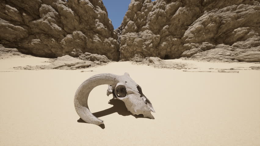 An animal skull resting on rocks in the arid desert landscape Royalty-Free Stock Footage #3411512215
