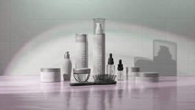 Elegant 3D animation of skincare products with clean, reflective surfaces and calming hues. 3D Illustration - Powered by Shutterstock - Get 15% off with code: PIKWIZARD15
