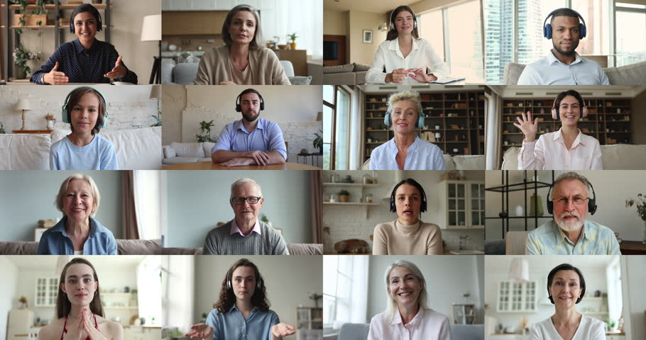 Collage of diverse people, young and old men and women make video call, talking looking at camera at home. Blogger influencer record video for channel. Remote communication, social media icon portrait Royalty-Free Stock Footage #3411554717