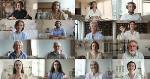Collage of diverse people, young and old men and women make video call, talking looking at camera at home. Blogger influencer record video for channel. Remote communication, social media icon portrait